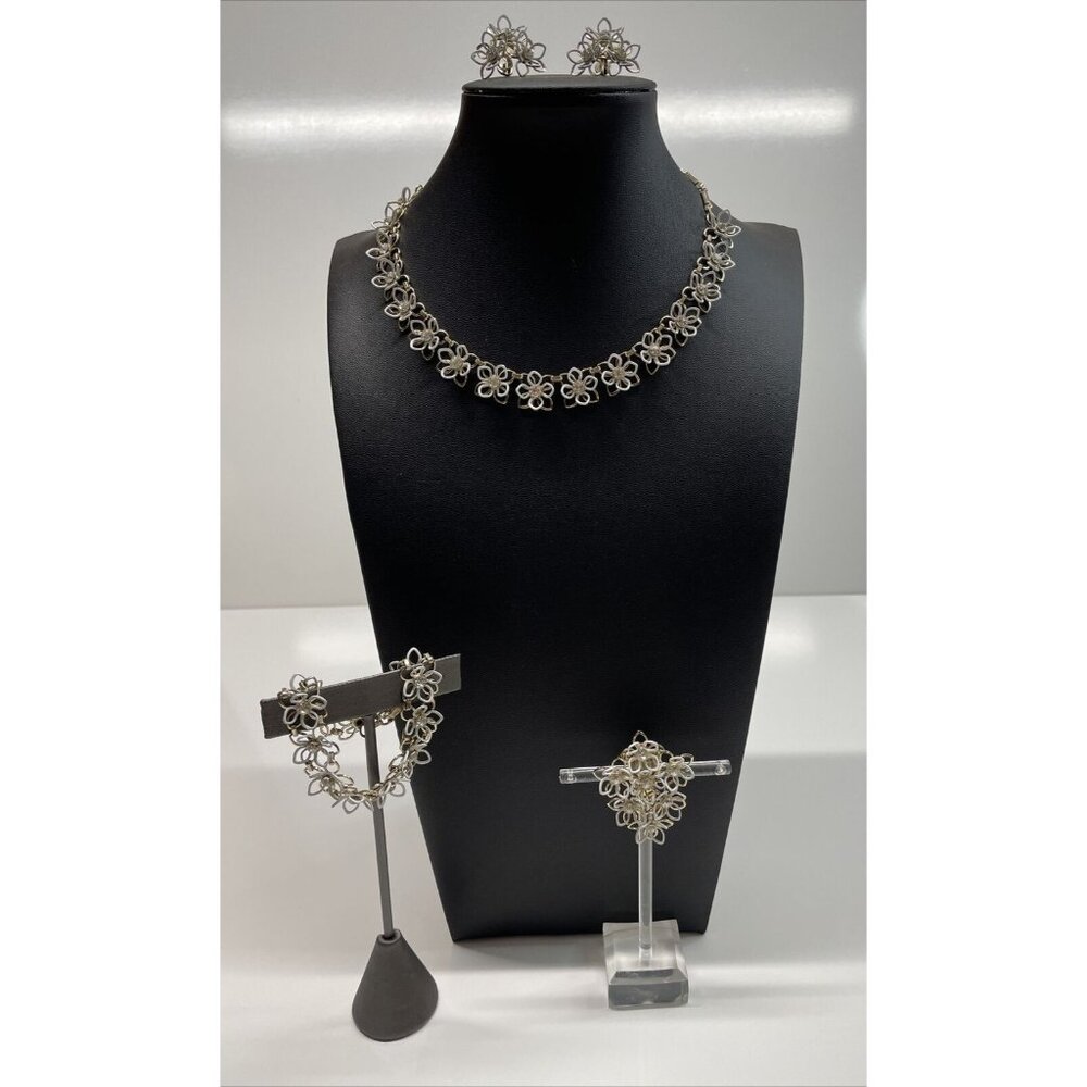 Vintage Open Metalwork Enamel Rhinestone Jewelry Set Necklace, Earrings...AL2.3
